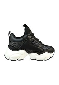 Czarne skórzane sneakersy z siateczkowymi akcentami, gruba biała podeszwa i okrągły nosek. Posiadają sznurówki i uchwyt na pięcie.