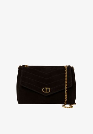 Borsa a tracolla in suede marrone scuro con motivo a chevron. Dotata di tracolla a catena e chiusura in metallo dorato. Forma strutturata con chiusura a pattina.
