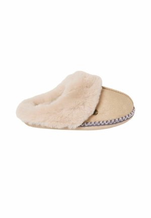 Soft beige indoor slipper with thick plush fur lining and decorative stitching along the sole edge, designed for warmth and comfort.