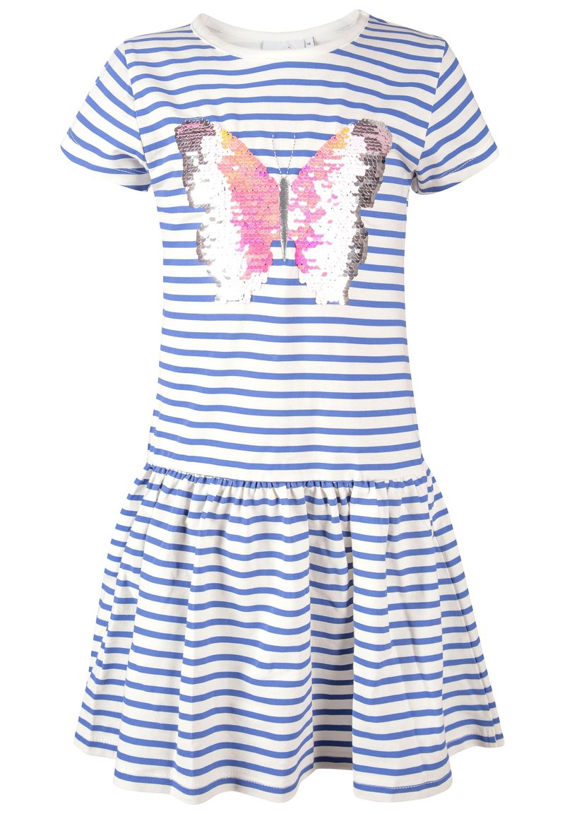 Robe à manches courtes rayée bleu et blanc avec une jupe froncée et un grand papillon en sequins roses, argentés et blancs sur le devant.