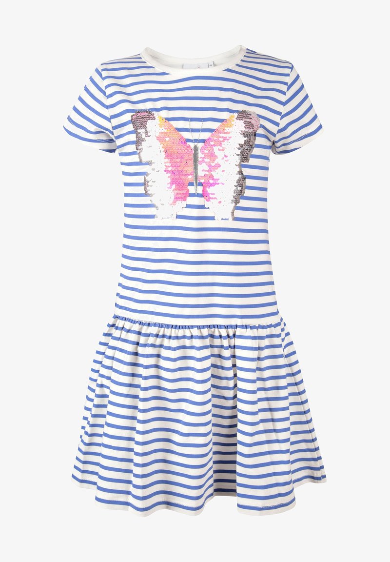 Sinine ja valge triibuline lühikeste varrukatega kleit koguneva seeliku ja suure roosa, hõbedase ja valge sädelusega liblikaga ees.