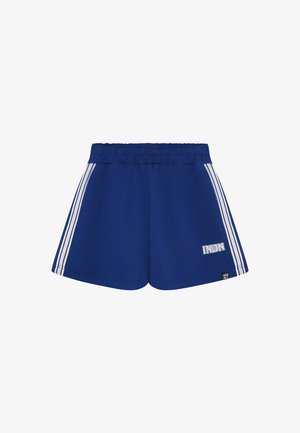Shorts de sport bleus avec une ceinture élastique, dotés de bandes blanches sur les côtés et d'un écusson logo à l'avant. Texture de tissu lisse.