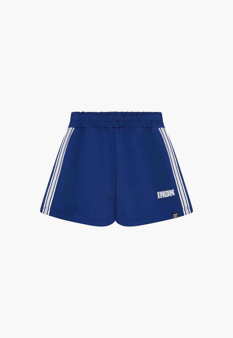 Blauwe sportieve korte broek met een rekbare tailleband, voorzien van witte zijstrepen en een logopatch aan de voorkant. Glad stoftextuur.