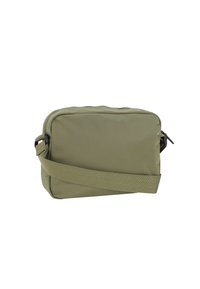 Borsa a spalla verde oliva realizzata in tessuto morbido, forma rettangolare, con una robusta tracolla regolabile e chiusura con zip.