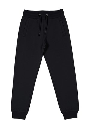 Pantaloni della tuta neri con vita a coste, lacci e due tasche laterali. Vestibilità affusolata con polsini elasticizzati alle caviglie. Tessuto liscio.