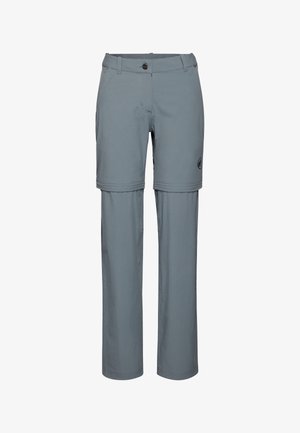 Pantaloni zip-off grigio chiaro con una texture liscia, caratterizzati da una vita aderente, due tasche e un'etichetta con logo sulla gamba sinistra.