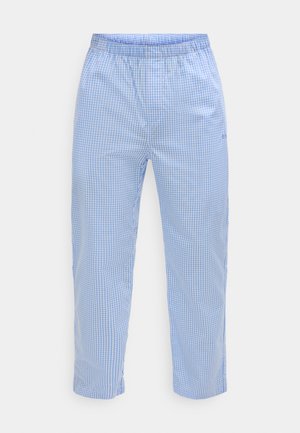 Light blue checkered pants with an elastic waistband, tapered legs, and a smooth fabric texture. Notable gingham pattern throughout.