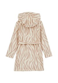 Accappatoio con fantasia a zebra in morbido pile beige. Presenta un cappuccio, maniche lunghe e una cintura da annodare. Motivo testurizzato di linee fluide.