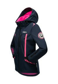 Navy blue softshell jacket with bright pink inner lining, vertical pink stripes, zipped pockets, logo on chest and patch on sleeve, hooded design.