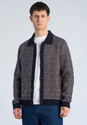 Ung mand iført en marineblå og beige mønstret cardigan med knapper over en hvid skjorte og blå jeans mod en ensfarvet baggrund.