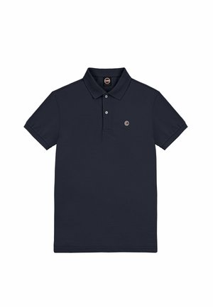 Marineblauwe poloshirt van zachte stof, met een klassieke kraag, korte mouwen en een cirkelvormig logo op de linkerkant van de borstzak.