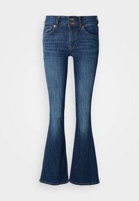 Tummansiniset liehukahousut, jotka on valmistettu denimiä, niissä on korkea vyötärö, kaksipainikkeinen suljenta ja hienovarainen haalistuma lahkeen suussa.