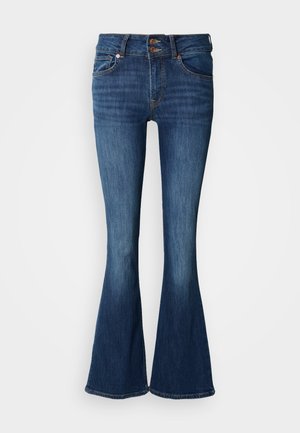 Jeans a zampa di elefante di colore blu scuro in denim, con vita alta, chiusura con due bottoni e leggera scoloritura verso l'orlo.