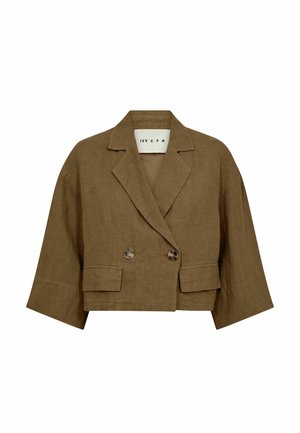 Bruine cropped blazer met brede mouwen, ingesneden revers, twee voor knopen en klepzakken gemaakt van gestructureerde stof.