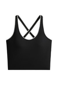 Black crop top with white zigzag trim along edges and crossed thin shoulder straps on a white background.