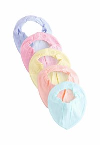 Five headbands in pastel colors: light blue, yellow, pink, and lavender. Each features a ribbed texture and a button detail.
