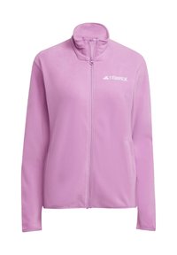 Rosa Fleecejacke mit hohem Kragen und Reißverschluss. Mit einem Logo auf der Brust und seitlichen Taschen. Weicher Stoff und lässige Passform.