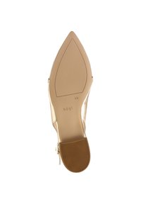 Gold, pointed-toe heel with a textured sole. Features a smooth, metallic finish and a subtle heel height. Brand logo inscribed on sole.