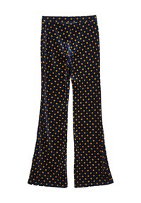 Ausgestellte Hosen aus weichem Stoff mit einem navyblauen Hintergrund und einem orange-gelben kreisförmigen Muster.
