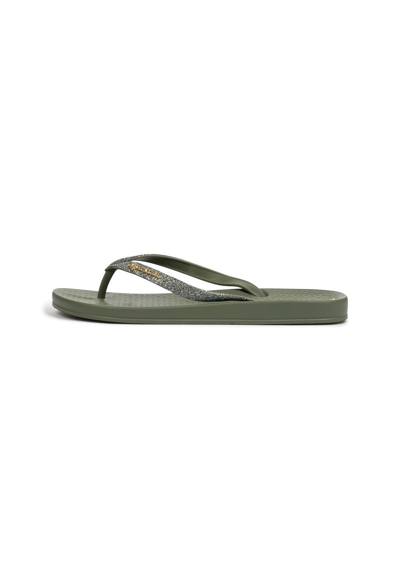 Olive green flip-flop with a textured sole and narrow straps featuring a multicolored glitter accent along the top side.