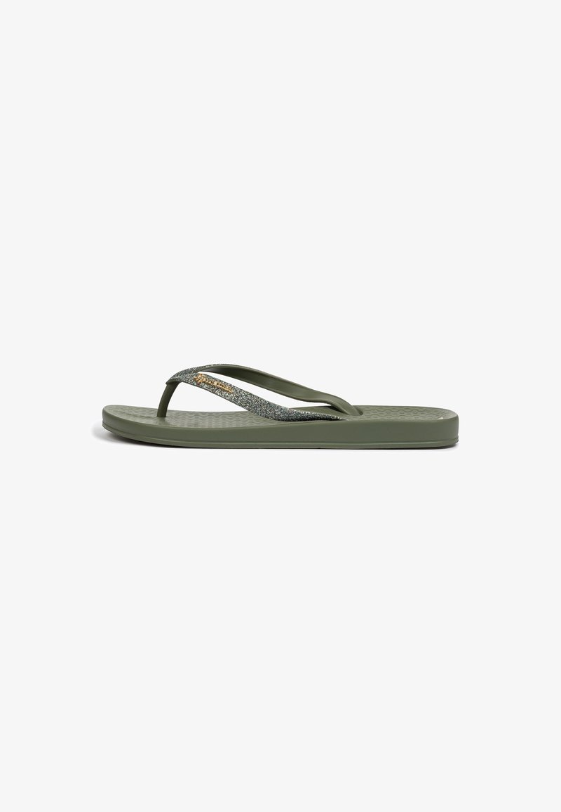 Olive green flip-flop with a textured sole and narrow straps featuring a multicolored glitter accent along the top side.