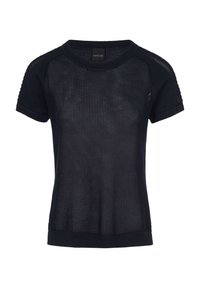 Schwarzes kurzärmliges Stricktop mit Netzdesign, Rundhalsausschnitt und gerippten Bündchen. Leichter Stoff mit strukturiertem Finish.