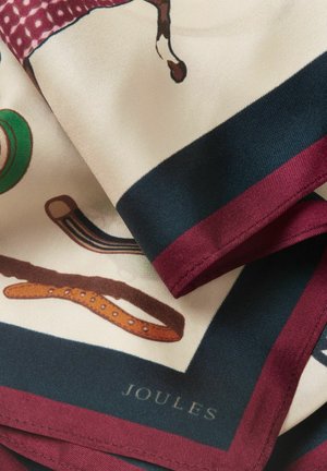 Seidenschal mit Illustrationen von Pferdezubehör, dunkelgrüner und burgunderroter Rand sowie der Markenname „Joules“ auf cremefarbenem Hintergrund.