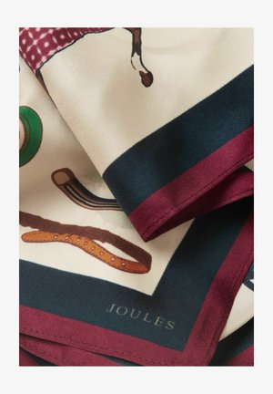 Seidenschal mit Illustrationen von Pferdezubehör, dunkelgrüner und burgunderroter Rand sowie der Markenname „Joules“ auf cremefarbenem Hintergrund.