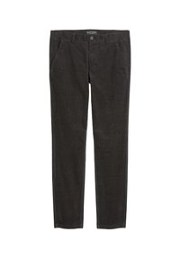 Chinos gris foncé en coton doux avec une texture lisse. Comprend des poches avant, une fermeture à bouton et des jambes slim droit.
