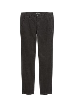 Donkergrijze chino's van zacht katoen met een gladde textuur. Voorzien van zijzakken, een knoopsluiting en smal rechte pijpen.