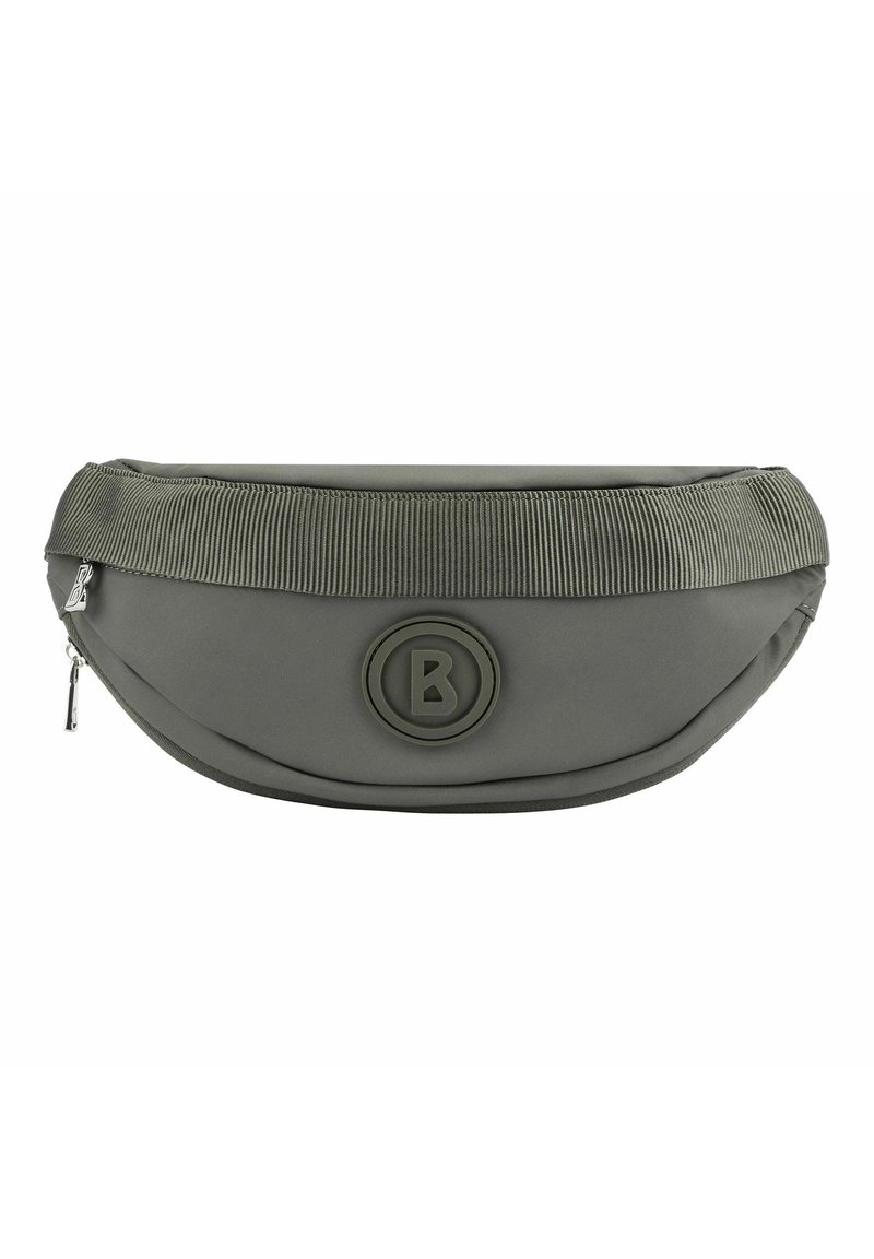 Borsone in nylon grigio con forma arrotondata, parte superiore a coste e logo circolare. Caratterizzato da una chiusura con zip e dettagli testurizzati. Design compatto.