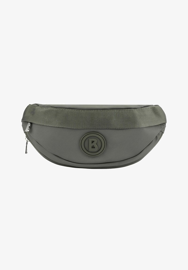 Borsone in nylon grigio con forma arrotondata, parte superiore a coste e logo circolare. Caratterizzato da una chiusura con zip e dettagli testurizzati. Design compatto.