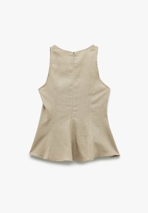 Beige ærmeløs top med en tætsiddende overdel og flagrende kant, der har en lynlåslukning bagpå og et glat, tekstureret stof.