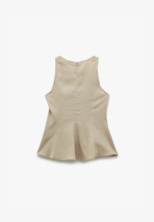 Beige ærmeløs top med en tætsiddende overdel og flagrende kant, der har en lynlåslukning bagpå og et glat, tekstureret stof.