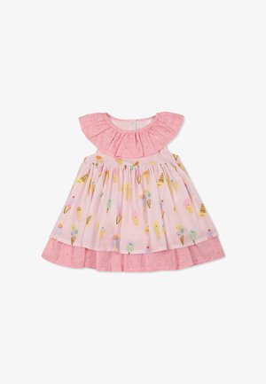 Różowa sukienka z nadrukiem lodów, falbaniastym dekoltem i rozkloszowanym dołem. Wykonana z lekkiego materiału, z wzorem w kropki na rękawie.