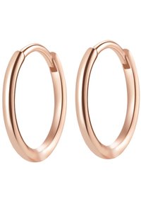 Ohrhänger aus Roségold mit einem glatten, runden Design. Sie verfügen über eine polierte Oberfläche und einen sicheren Verschlussmechanismus für ein einfaches Tragen.