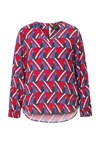 Rode en marineblauwe blouse met patroon, lange mouwen, V-hals en geplooide manchetten met geometrische vormen en witte accenten. Glad stofoppervlak.