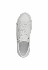 Hvide lædersneakers med rund tå, snørebåndsdesign, struktureret sidelukning med lynlås og gummisål. Har prægede logo på indersålen.