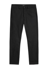 Zwarte katoenen broek met een slim fit, voorzien van zijzakken en een knoopsluiting. Soepele textuur en een gepolijste afwerking, zonder patronen.