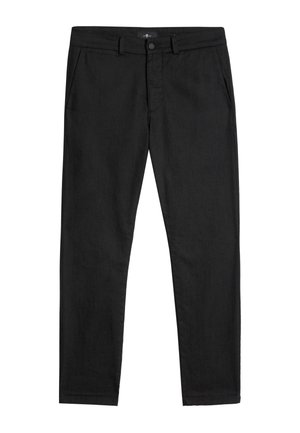Schwarze Baumwollhosen mit schmaler Passform, ausgestattet mit Seitentaschen und einem Knopfverschluss. Glatte Textur und polierte Oberfläche, ohne Muster.