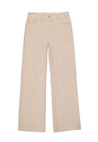 Pantalones de pierna ancha de tejido beige claro, con cierre de botón, dos bolsillos delanteros y una textura suave.