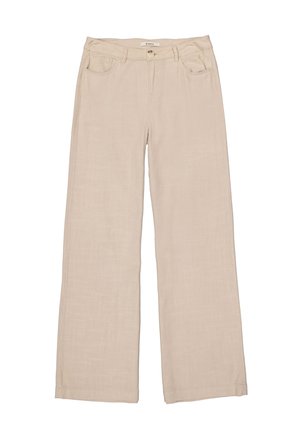 Pantalons larges en tissu beige clair, avec une fermeture par bouton, deux poches avant et une texture lisse.