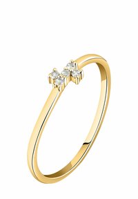 Goldring mit fünf runden, klaren Steinen, die in einer blumigen Anordnung angeordnet sind. Glatter Ring mit polierter Oberfläche.