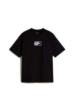 Zwarte katoenen t-shirt met korte mouwen en een ronde hals. Heeft een wit Vans-logo dat gecentreerd op de borst staat in een rechthoekig ontwerp.