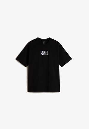 Zwarte katoenen t-shirt met korte mouwen en een ronde hals. Heeft een wit Vans-logo dat gecentreerd op de borst staat in een rechthoekig ontwerp.
