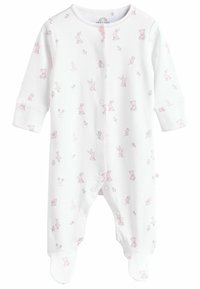 Grenouillère blanche pour bébé avec imprimés d'animaux roses, présentant des manches longues, un design pied-de-biche, une fermeture à boutons et un col rond.