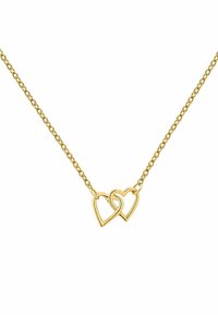 Collar de oro con dos colgantes de corazón entrelazados en una cadena delicada. Diseño simple y pulido con una textura suave y un acabado brillante.