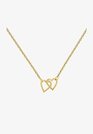 Collar de oro con dos colgantes de corazón entrelazados en una cadena delicada. Diseño simple y pulido con una textura suave y un acabado brillante.
