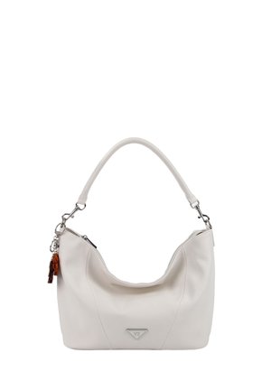 Borsa a tracolla in pelle bianca con una singola cinghia, componenti in argento, chiusura con cerniera e un piccolo portachiavi con nappina marrone sul lato.