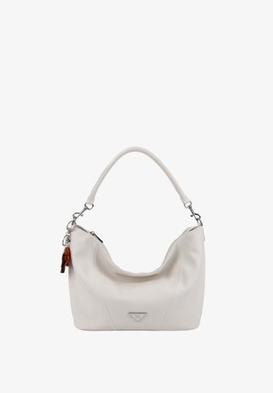 Borsa a tracolla in pelle bianca con una singola cinghia, componenti in argento, chiusura con cerniera e un piccolo portachiavi con nappina marrone sul lato.